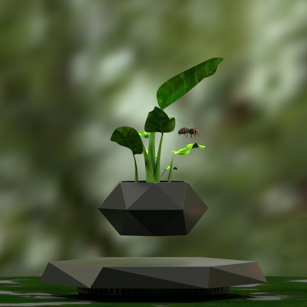 Black hexagon levitating flower pot on a minimalist shelf