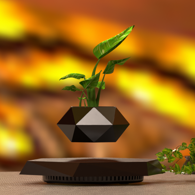 Levitating plant pot with warm bokeh lights, ideal tech gift