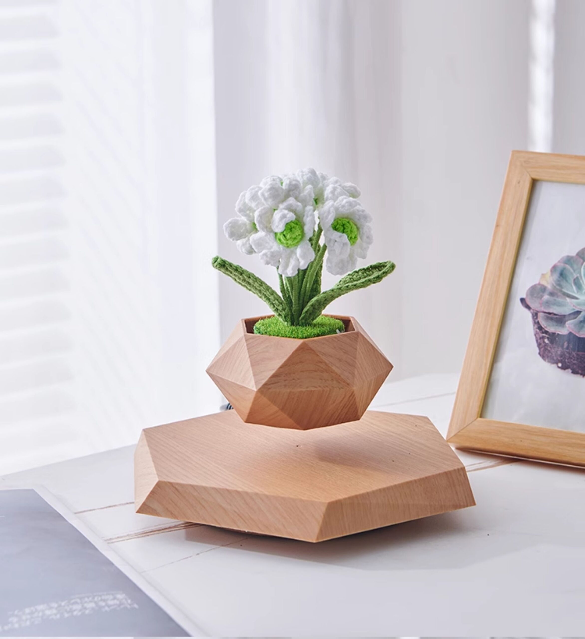 Levitating plant pot with light wood grain base, floating flower pot gift